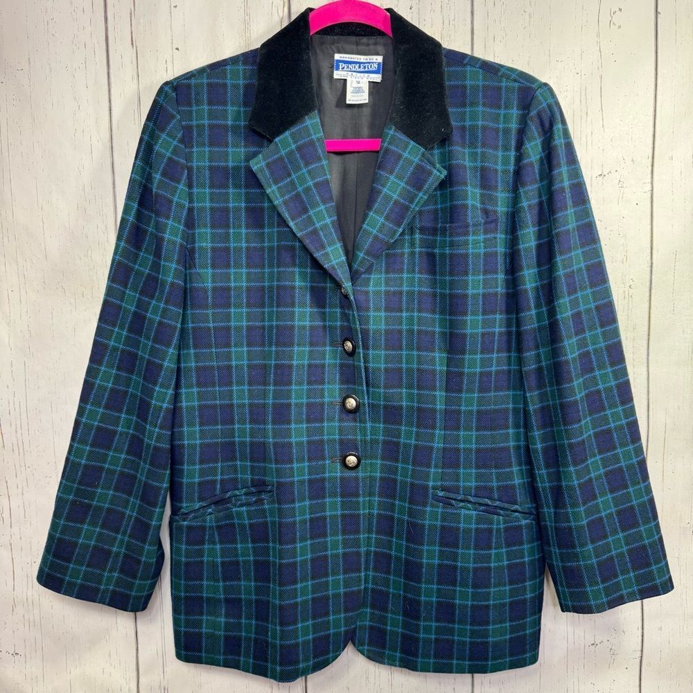 Pendleton Plaid Wool Blazer Velvet Collar Vintage Academia Preppy